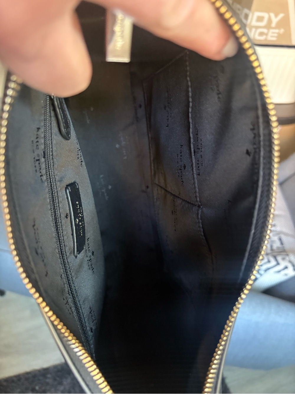 kate spade Black Pebbled Leather Crossbody with Striped Canvas Strap - Picture 8 of 8